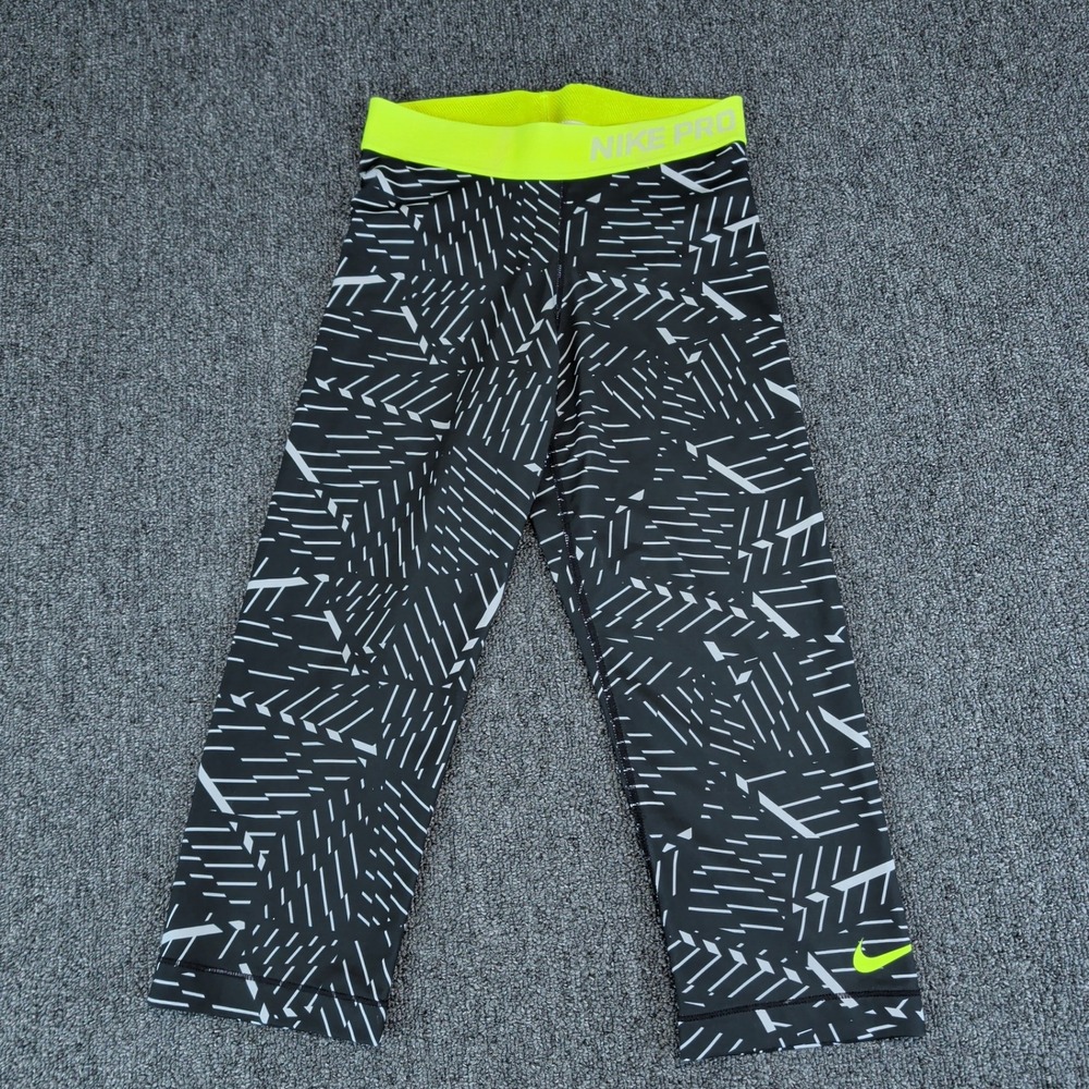 Nike Pro Geometric Print Capri Legging Women XS Black Neon Yellow Training Pants — photo 2